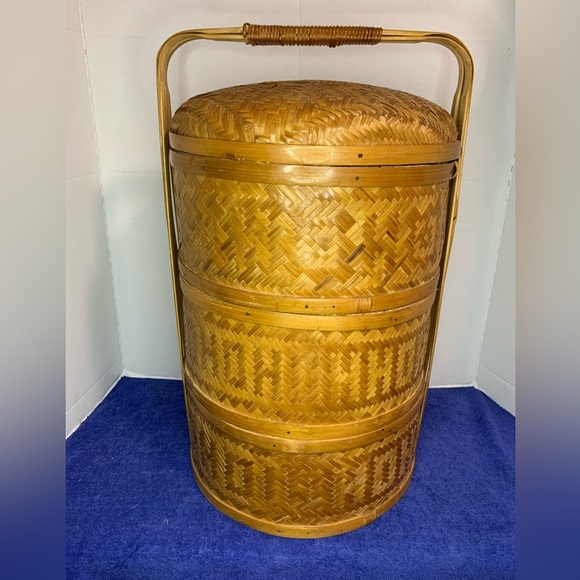 Vintage Chinese 3 Tier Wedding Basket Stacking Bamboo Rattan Woven Cane - Picture 1 of 9